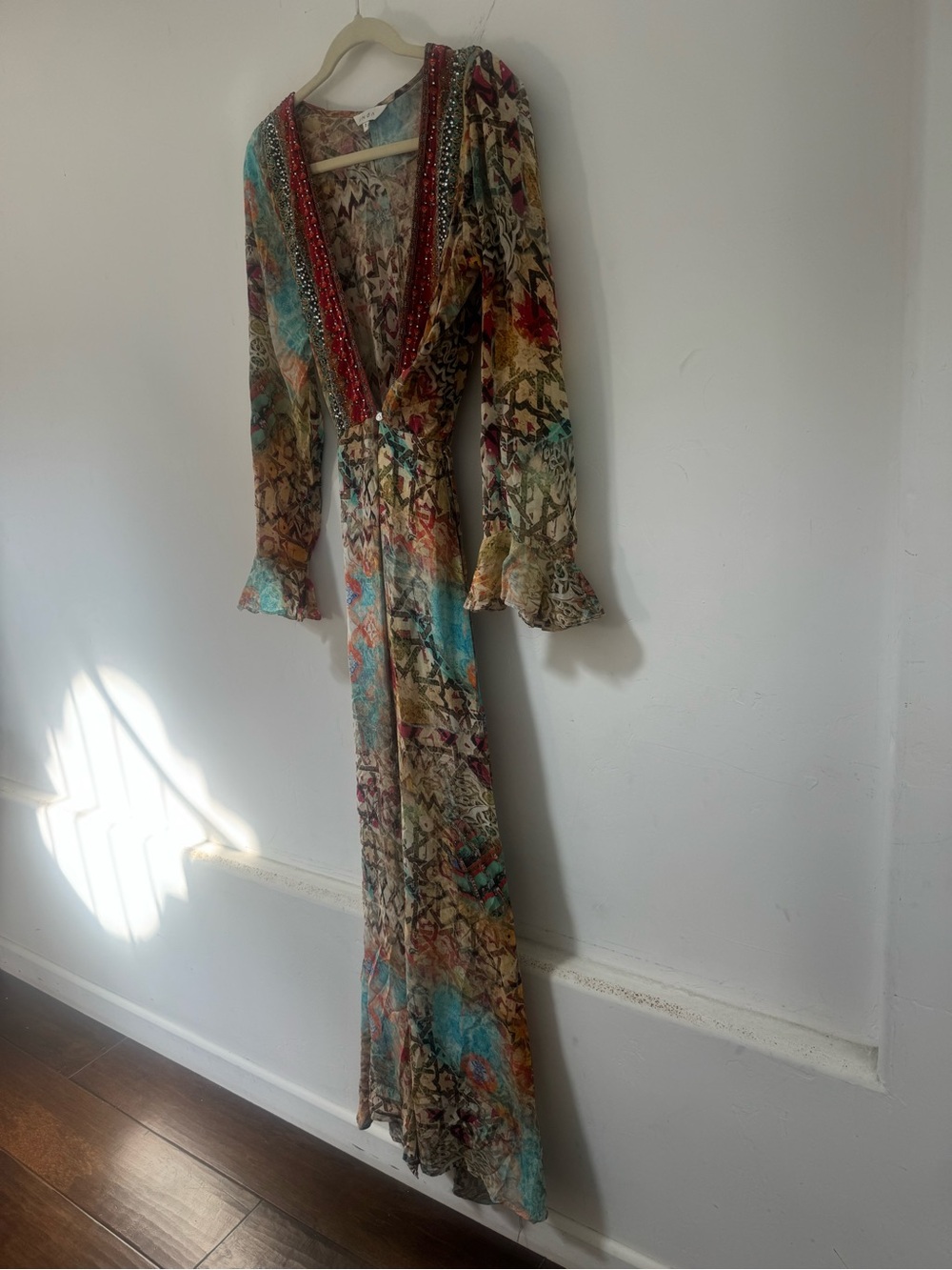 Bohemian Inóa Multi-Color Wrap Jumpsuit with Embellished V-Neck